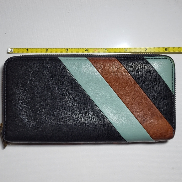 FOSSIL Zip-Around, Striped Leather Wallet With Black, Brown, And Mint Green - Picture 7 of 8